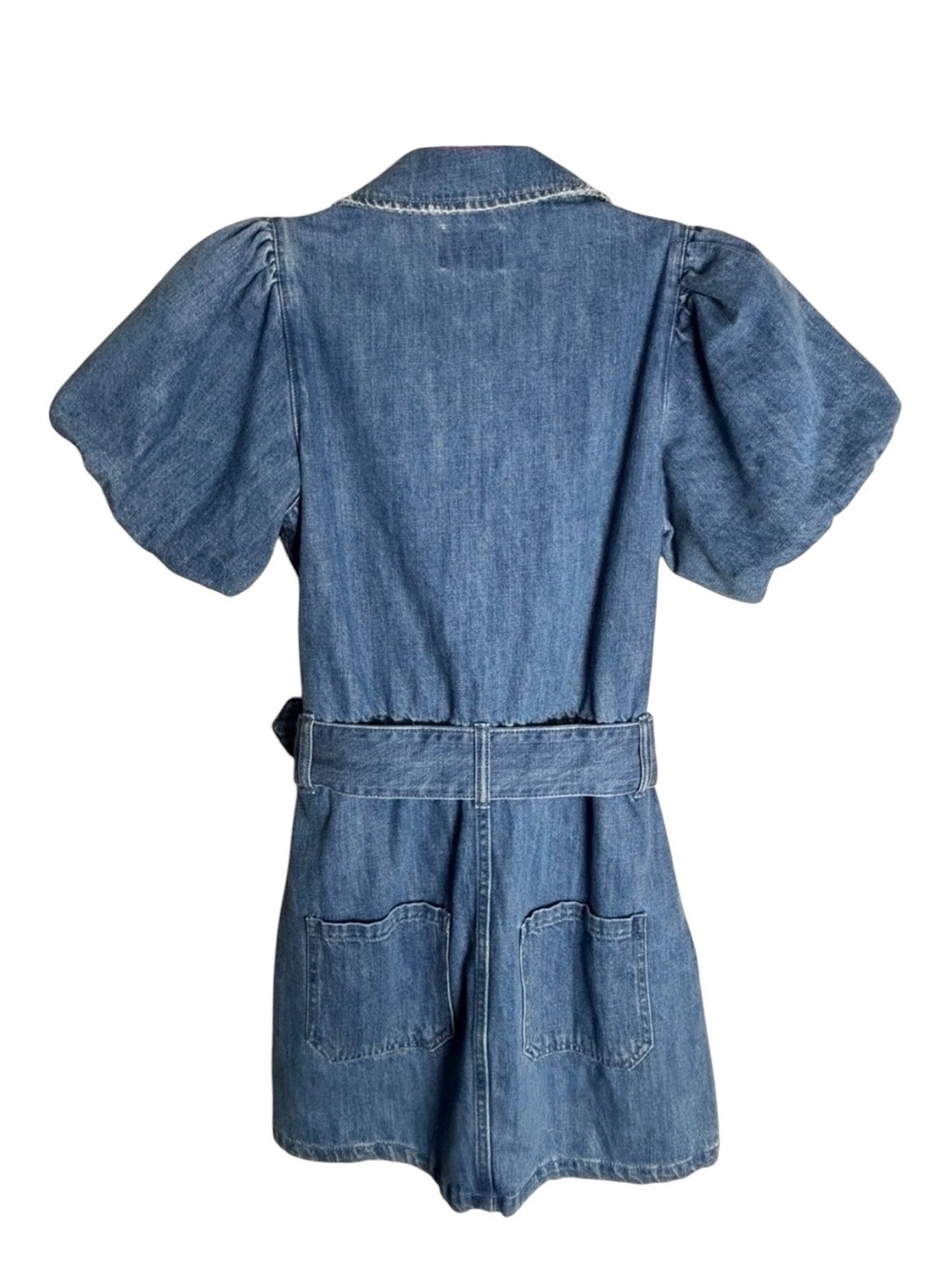 Show Me Your MuMu Oxford Puff Sleeve Belted Zip Up Mini Dress in Stormy Blue- XS - Picture 6 of 9